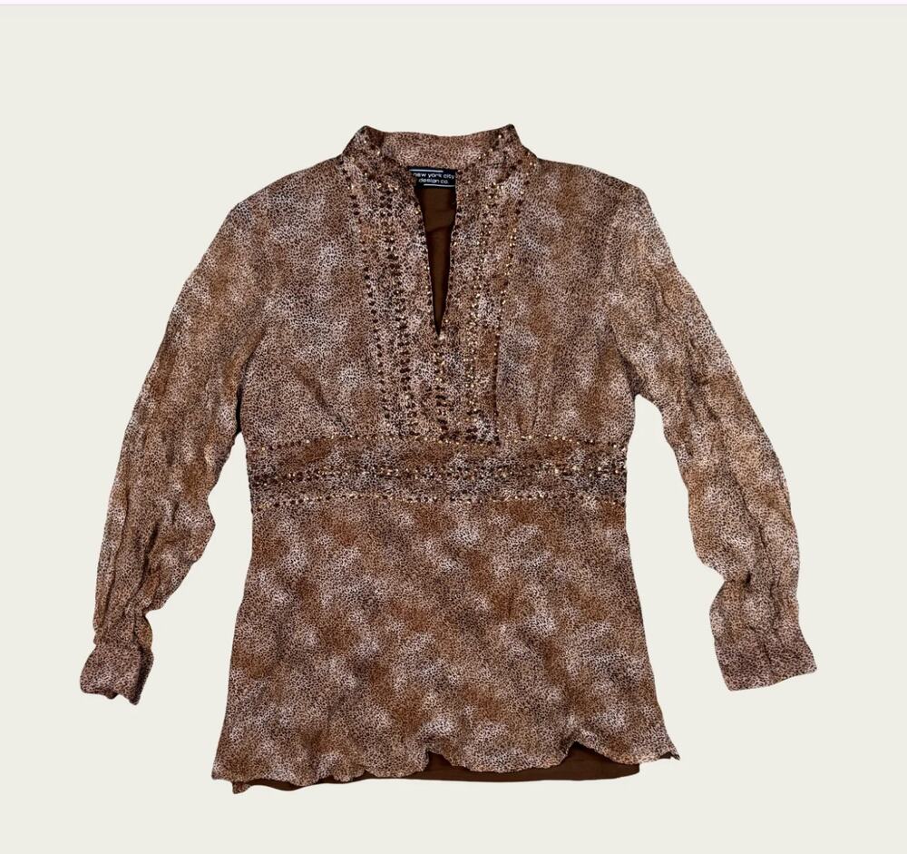Vintage Y2K 100% Silk Beaded Sequin Embellished Tunic Blouse Brown Boho Small
